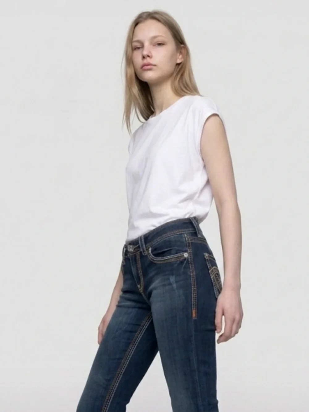 Seven7 Dark Blue Flared Jeans with Contrast Stitching - Picture 3 of 7